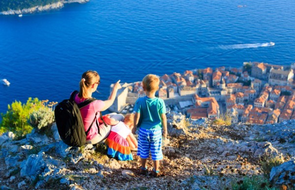 mother with kids looking at scenic view in Dubrovnik, Croatia